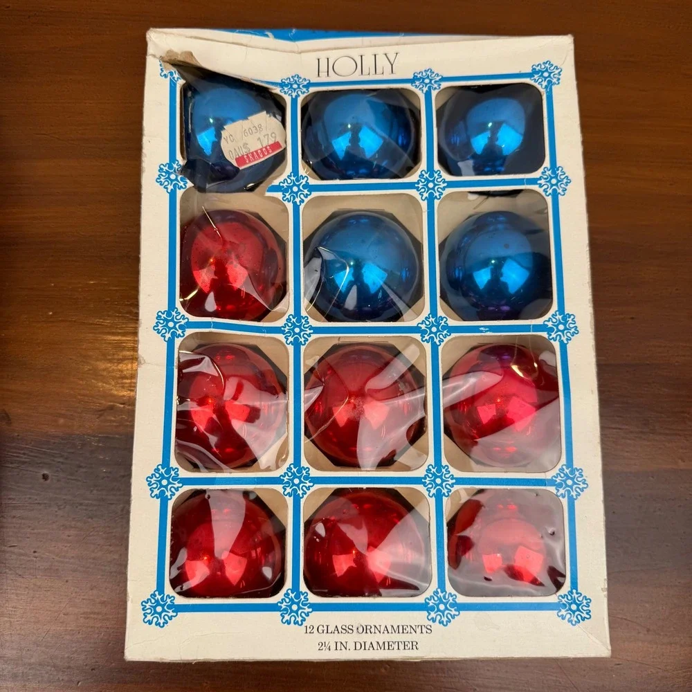 Vintage Holly Glass Christmas Ornaments Red Blue Set of 24 2.25